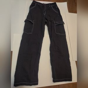 Black Wide Leg Cargo Pants with White Stitching